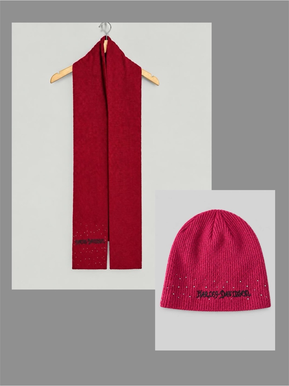 Harley-Davidson Women's Deep Red Knit Scarf & Beanie Set with Embellished Logo